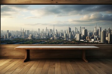 Wooden table with a view of the city