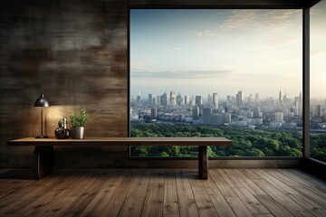 Wooden table with a view of the city