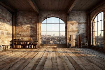 Fototapeta na wymiar Interior of modern loft with wooden floor and panoramic city view