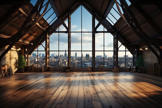 Interior of modern loft with wooden floor and panoramic city view © ttonaorh
