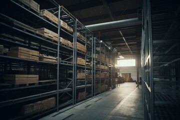 Industrial warehouse racks with boxes. Dark corridor. 