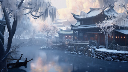 Winter landscape ancient chinese city embankment, chinese new year. Generative AI