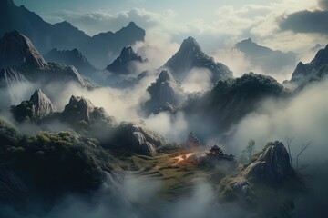 Mountain landscape with fog Generative Ai