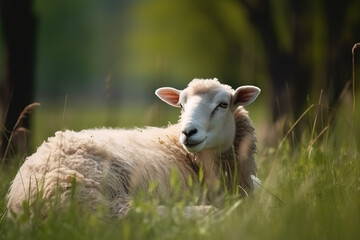 Fototapeta premium Image of young sheep resting on green pasture grass on summer. Farm animals. Illustration. Generative AI.