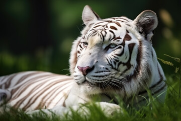 Plakat Image of white tiger resting on green pasture grass on summer. Wildlife Animals. Illustration. Generative AI.