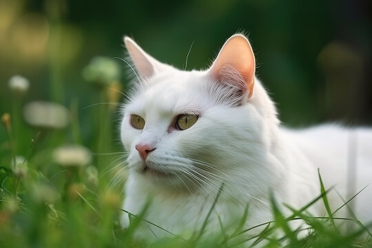 Image of white cat resting on green pasture grass on summer. Pet. Animals. Illustration. Generative AI.