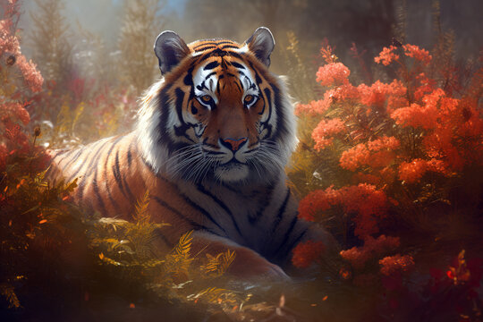 Image of a tiger surrounded by colorful tropical flowers in a beautiful garden. Wildlife Animals. Illustration, Generative AI.