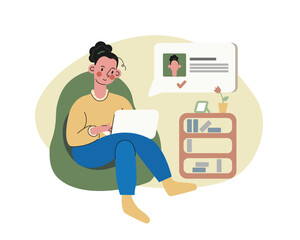 Cartoon character doing distant work in comfortable conditions. Young female freelancer typing on laptop at home. Remote job or online education. Communication with colleagues online. Vector