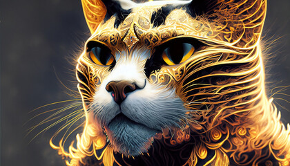 Mystic cat like a phoenix, golden and black colors.