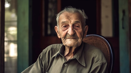 portrait of elderly sad man senior retired pensioner in chair on porch of house. Generative AI