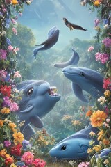 Huge blue color dolphin under ocean with beautiful plants illustartion.AI generative