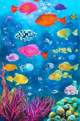 fish swimming in the aquarium watercolor painting, illustration, Ai generative