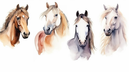 Obraz na płótnie Canvas Collection of running horses on a white background watercolor drawing. Generative AI