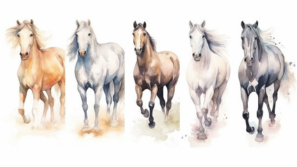 Collection of running horses on a white background watercolor drawing. Generative AI