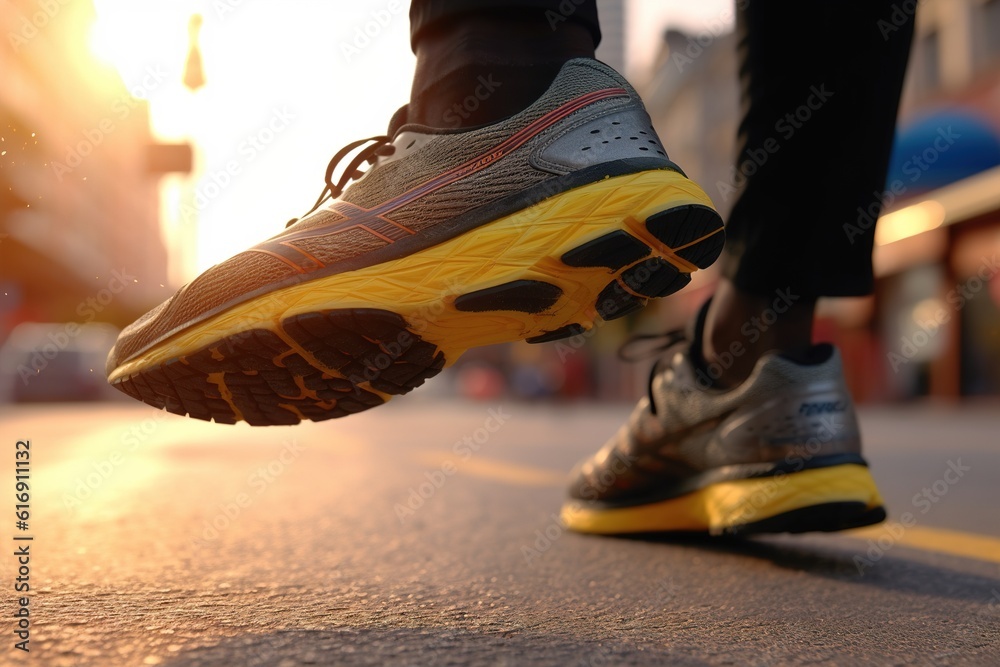 Poster legs of a running man in sneakers. generated by ai.