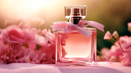 Luxurious floral scent, fragrance bottle and pink flowers, perfume commercial in flower garden, bespoke perfumery and beauty product sale, generative ai
