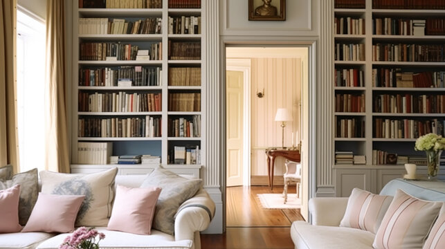 Home library decor, sitting room and interior design, white living room with sofa, bookcase and bookshelves in English country house and elegant cottage style, generative ai