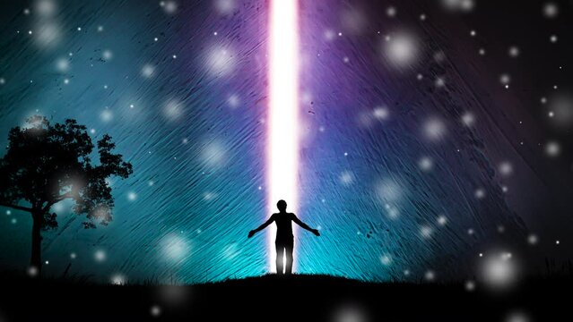 A silhouette of a man in nature among luminous flying lights, fireflies, raising his hands to a bright light in an open huge wall. A light in the end of a tunnel. 4k parallax video animation 60 fps.