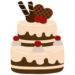 Chocolate cake topped with various desserts.