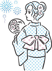夏　浴衣　女性　花火　お祭り　手描き　和装　シンプル　ポップ　イラスト素材
