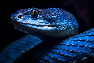 Fototapeta premium Close up detailed portrait ofblue vipet snake in nature. AI generated.