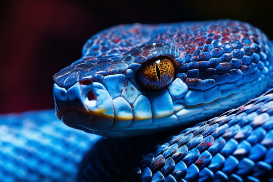 Close up detailed portrait ofblue vipet snake in nature. AI generated.
