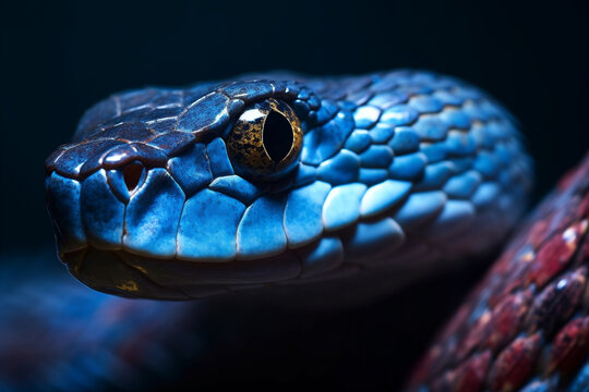 Close up detailed portrait ofblue vipet snake in nature. AI generated.
