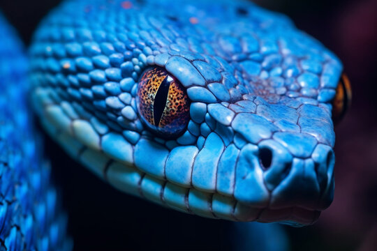 Close up detailed portrait ofblue vipet snake in nature. AI generated.