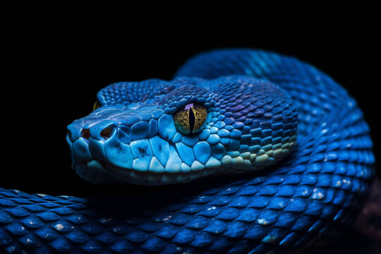 Close up detailed portrait ofblue vipet snake in nature. AI generated.