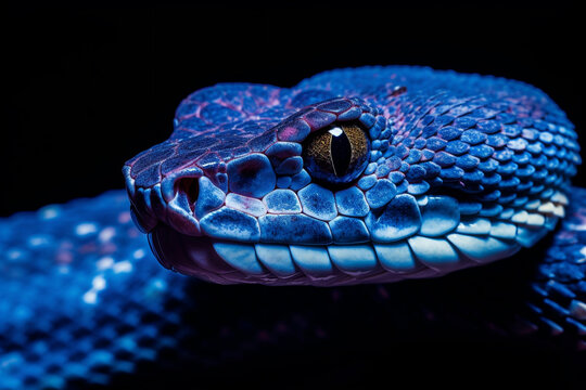 Close up detailed portrait ofblue vipet snake in nature. AI generated.