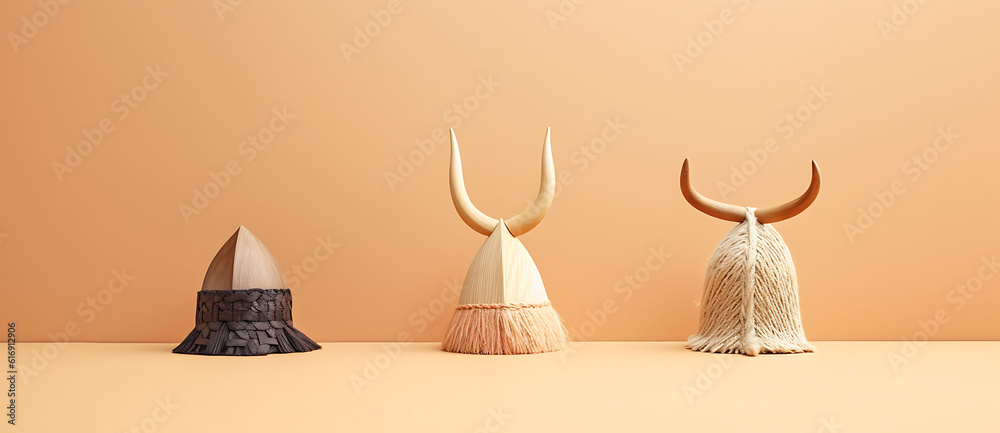 Wall mural a series of three miniature objects each with a tassel and horns Generated by AI - Wall murals