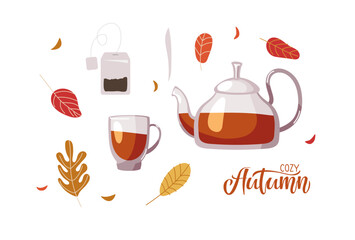 Autumn Tea time. Kettle and glass with tea, autumnal leaves. Delicious tea-party for breakfast isolated on white background for tea party, menu, shop. Graphic design for Autumn.