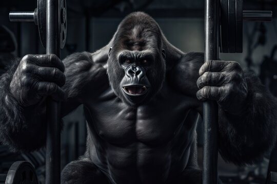 Gorilla working out in gym with heavy weights