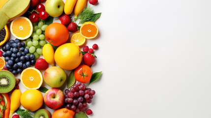 Naklejka na ściany i meble different colored fruits row on white background. Generative AI