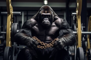Fototapeta na wymiar Gorilla working out in gym with heavy weights