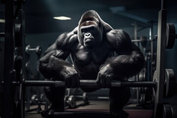 Fototapeta na wymiar Gorilla working out in gym with heavy weights. Generative AI 6