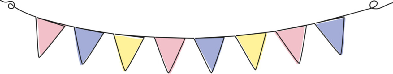 continuous single line drawing of bunting garland, pastel colored buntings line art vector illustration © Christian Horz