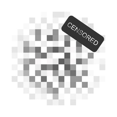 Round shaped pixel checkered mosaic texture with inscription censored. Gray censor blur effect pattern hiding prohibited content. Parental control, adult only, privacy concept
