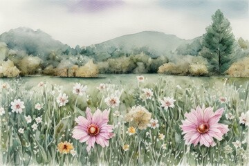 Fototapeta premium landscape with flowers, generative ai