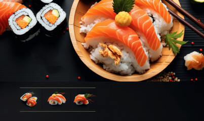 Sushi Advertising Background For Social Media Post, Japanese Sushi Roll with Salmons. Generative Ai