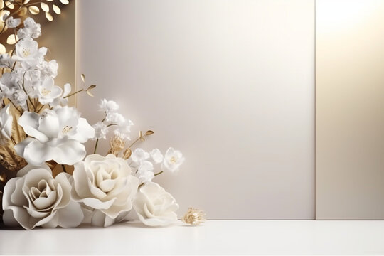 Rose white background abstract with Generative Ai for podium stand. Bouquet flowers isolated.