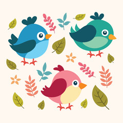 Obraz premium Set of cute vector birds with flowers and leaves. cartoon illustration in childish style.