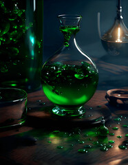 glass of green poison with splash, magic potion liquid spell