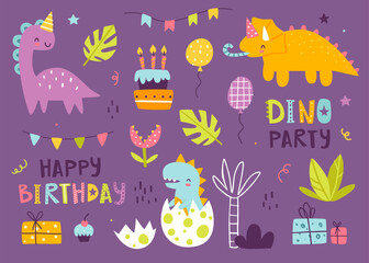 Fototapeta premium Dino birthday party set. Purple doodle dinosaurs celebration collection. Stickers bundle with festive dino and decoration.