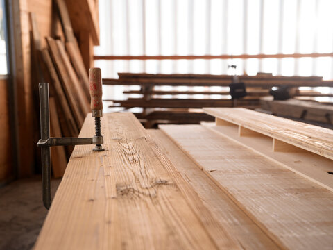 Timber plank at carpentry workshop