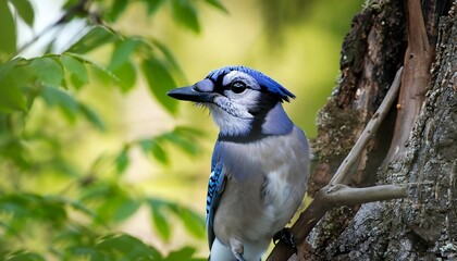 A colourful Blue Jay perched on a tree in a frontal, wide-angle shot