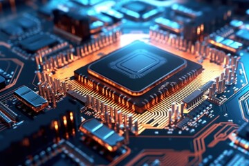 High tech concept visualization: CPU board, processor, microchip. Digital startup of artificial intelligence, neural networks and cloud computing. digital cable moving data