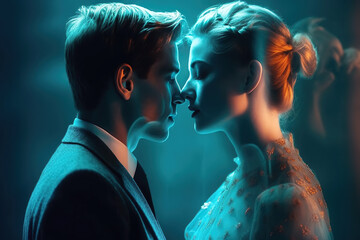 couple in love are kissing. Man and a woman embrace. Double exposure poster. Generative AI illustration