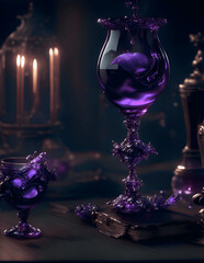 glass of purple, poison with splash, magic potion liquid spell