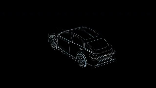 Outline of ev car or electric vehicle on black background 4k footage